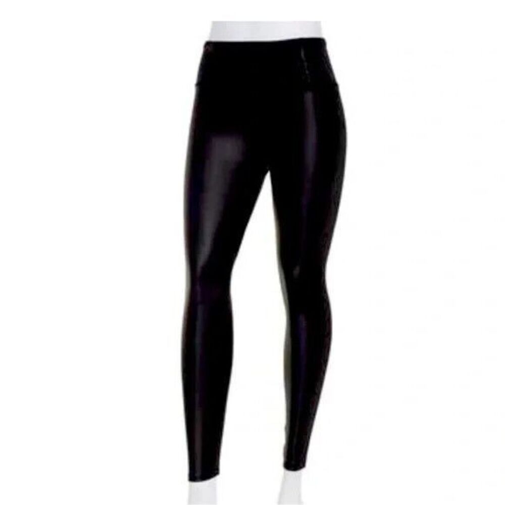 Tahari Sport Leggings High Waisted Solid Coated Jersey Pants - Black, Medium